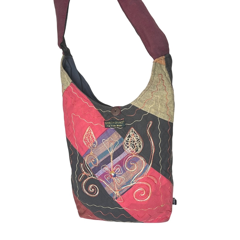 Earth‎ Divas Fair Trade Made Cotton Patchwork Embroidered Hobo Crossbody Bag Fun